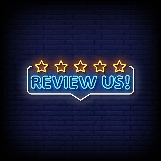 Neon Sign review us with brick wall background vector