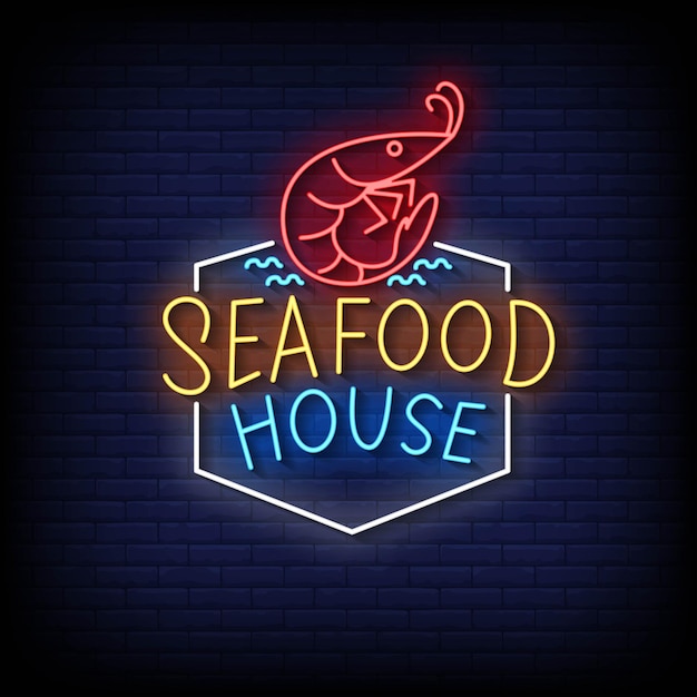 Neon Sign seafood house with Brick Wall Background vector