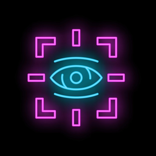 Vector neon sign showing eye scanning with recognition system