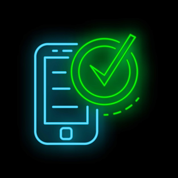 Vector neon sign showing mobile phone validating data with check mark symbol