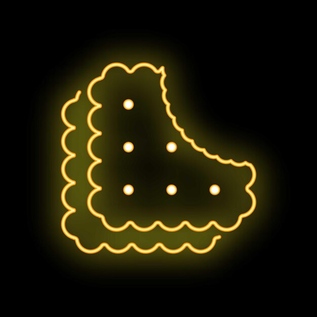 Neon sign showing two chocolate chip cookies with bite marks on black background