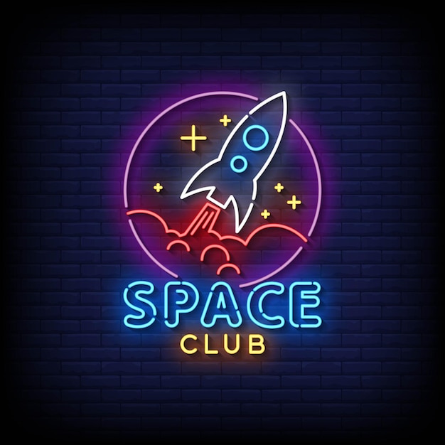 Neon Sign space club with Brick Wall Background Vector