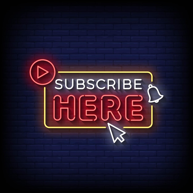 Neon Sign subscribe here with brick wall background vector