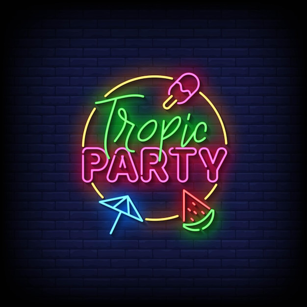 Neon Sign tropic party with brick wall background vector