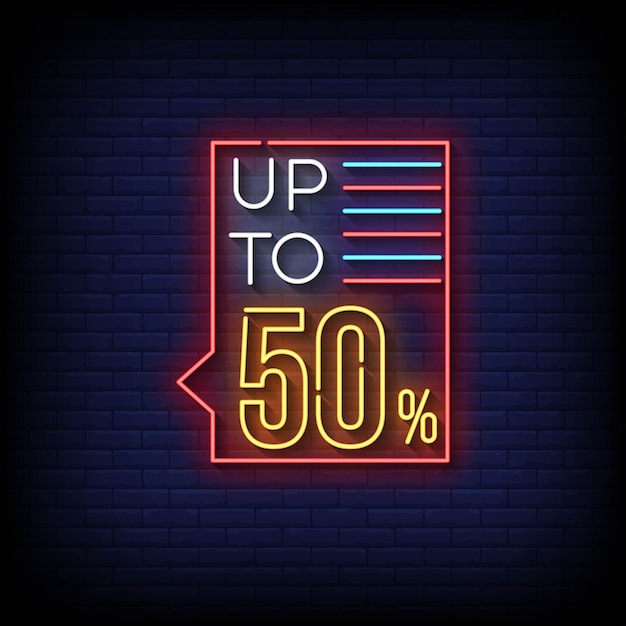 Neon Sign up to 50 percent with brick wall background vector