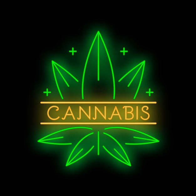 Neon sign with cannabis leaf logo glowing on black background