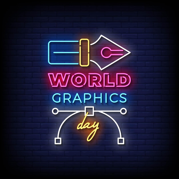 Neon Sign world graphic day with brick wall background vector