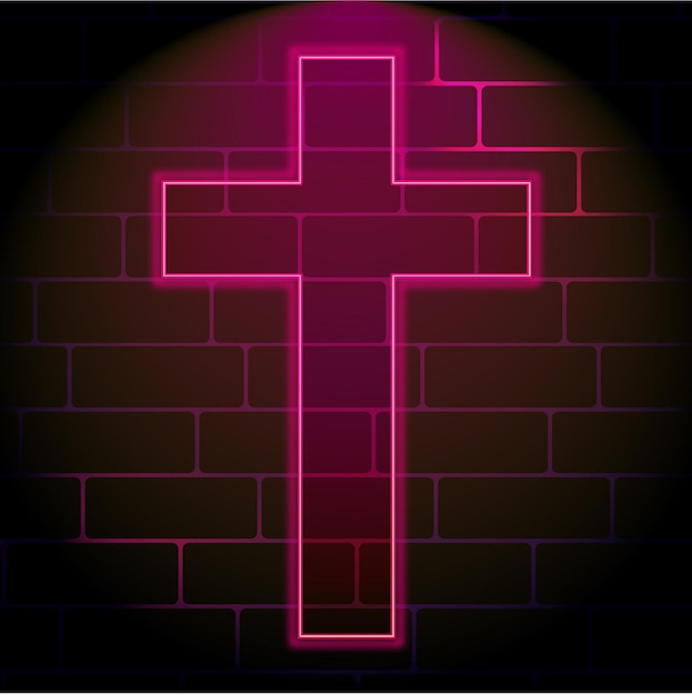 neon signboard cross pink glow on the brick wall