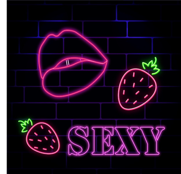 neon signboard lips strawberry