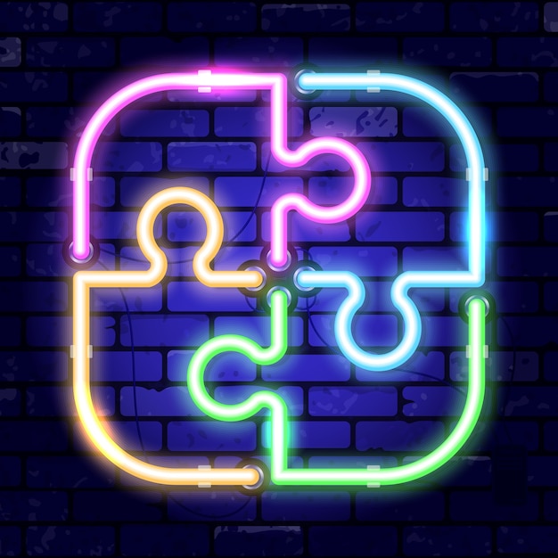 Neon signboard puzzle jigsaw. concept teamwork, collaboration. Bright night signboard on brick wall sign.   realistic neon icon