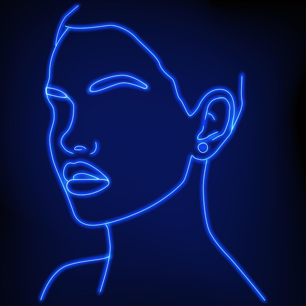 Neon silhouette of a girl Vector illustration Portrait in one line