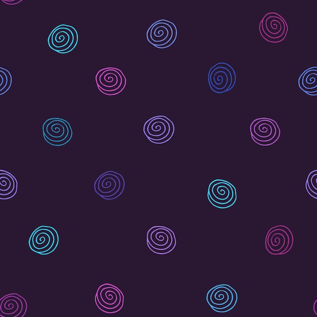 Neon spiral repeating seamless pattern on dark blue background