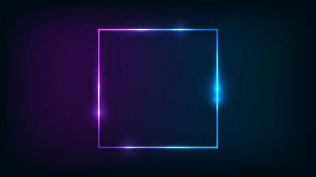 Neon square frame with shining effects on dark background. Empty glowing techno backdrop. Vector illustration.