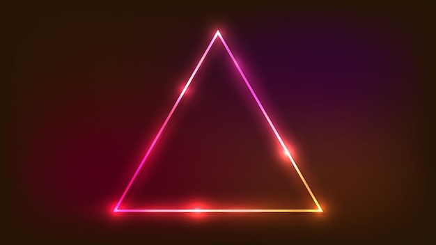 Neon triangular frame with shining effects on dark background. Empty glowing techno backdrop. Vector illustration.