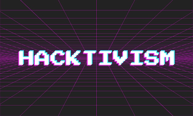 Neon vector Hacktivism illustration with glitch effect on perspectival background.