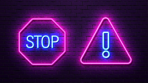 Neon warning signs stop in the octagon and exclamation mark in the polygon Bright blue and pink forbidding icons