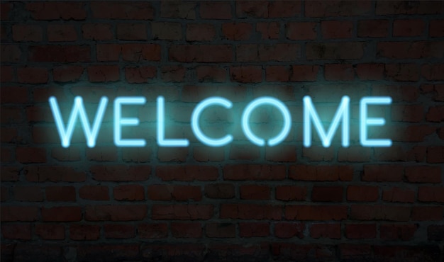 Neon welcome word Realistic vector letters on the illuminated brick wall