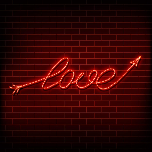 Neon word love A bright red sign on a brick wall Element of design for a happy Valentine's day Vector illustration