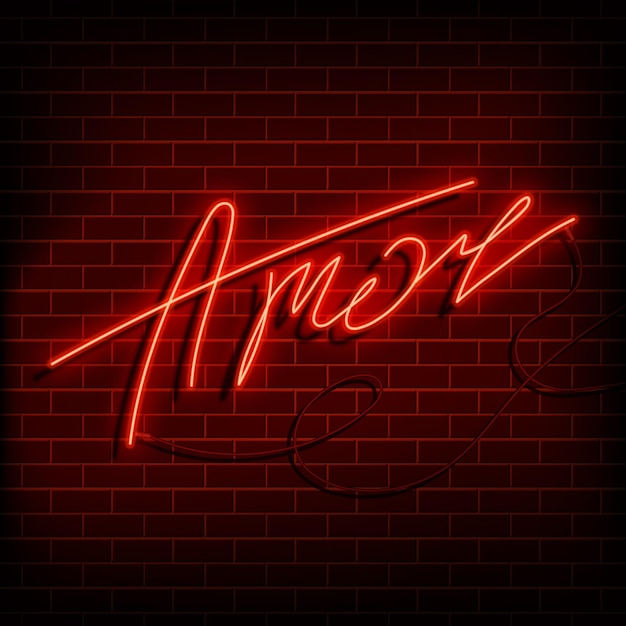 Neon word love in spanish and portuguese A bright red sign on a brick wall Element of design for a happy Valentine's day Vector illustration