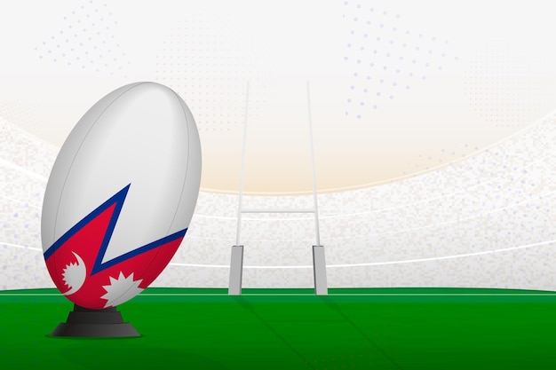 Nepal national team rugby ball on rugby stadium and goal posts preparing for a penalty or free kick