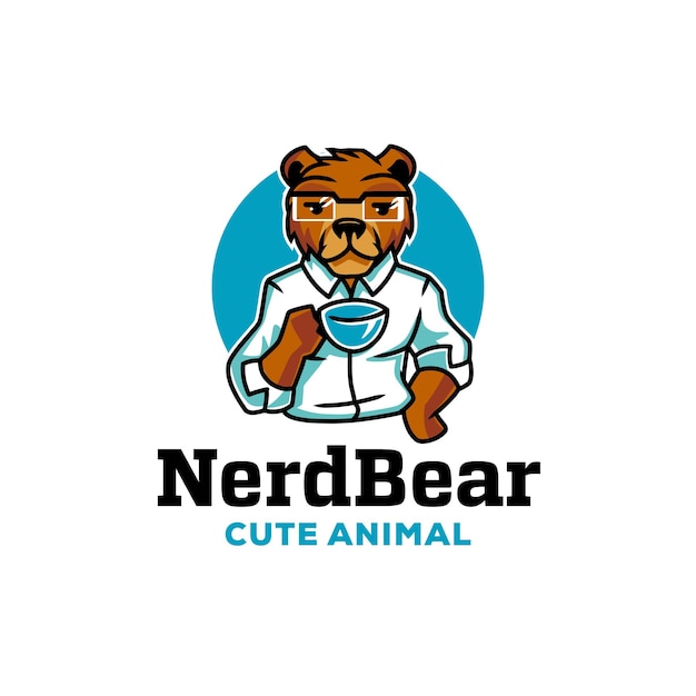 Nerd Office Bear Cartoon Logo Template