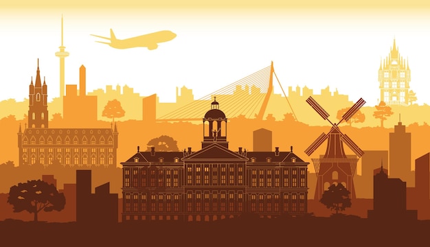 Netherlands famous landmarks by silhouette style