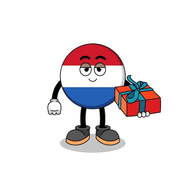 Netherlands flag mascot illustration giving a gift character design