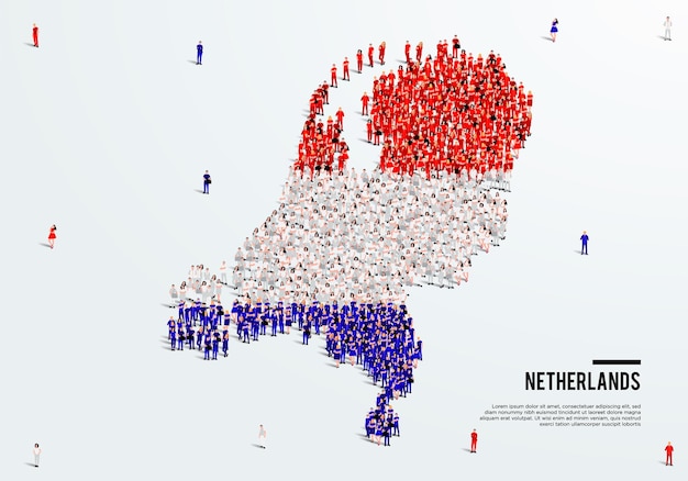 Netherlands Map and Flag. A large group of people in the Netherlands flag color.