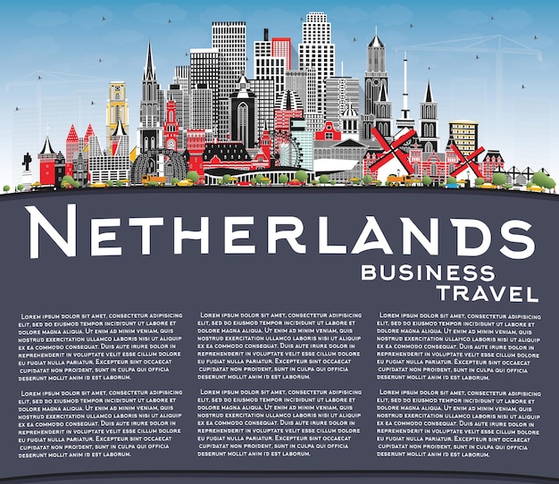 Netherlands Skyline with Gray Buildings, Blue Sky and Copy Space. Illustration. Tourism Concept with Historic Architecture. Cityscape with Landmarks. Amsterdam