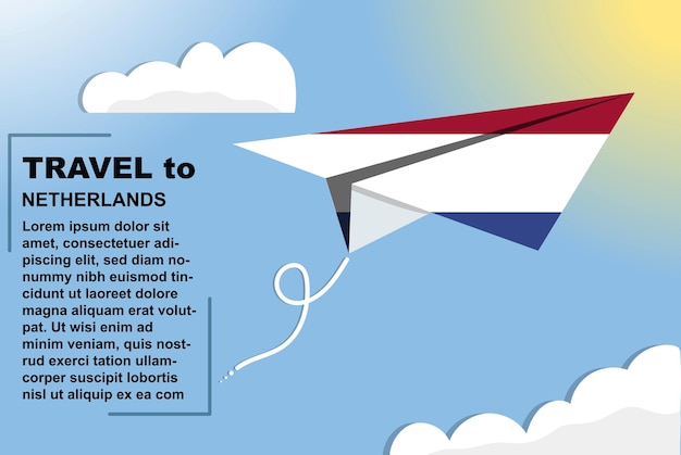 Netherlands travel vector banner with paper flag and text space flag paper plane vacation concept