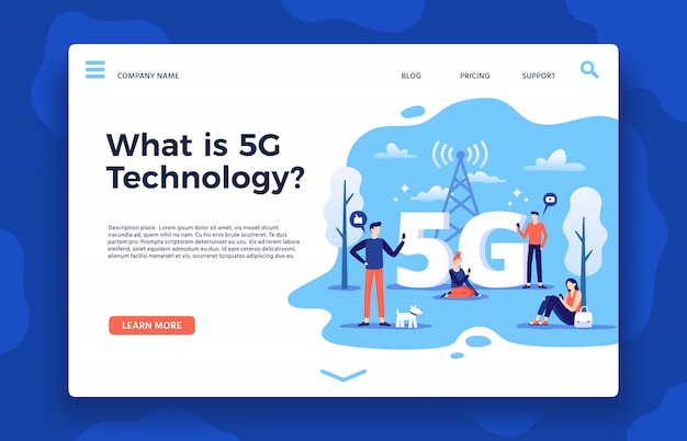 Network 5g landing page. Fast internet, wireless high speed connection and fifth generation networks vector illustration