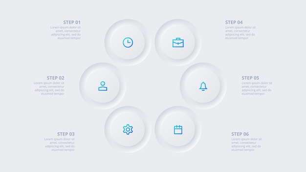 Neumorphic circle elements for infographic Template for cycle diagram graph presentation and chart Skeuomorph concept with 6 options parts steps or processes