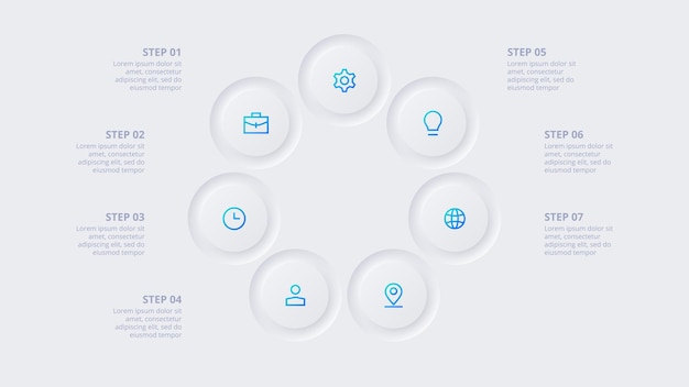 Neumorphic circle elements for infographic Template for cycle diagram graph presentation and chart Skeuomorph concept with 7 options parts steps or processes