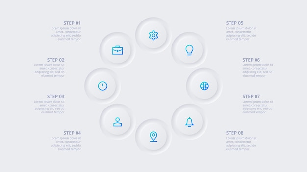 Neumorphic circle elements for infographic Template for cycle diagram graph presentation and chart Skeuomorph concept with 8 options parts steps or processes