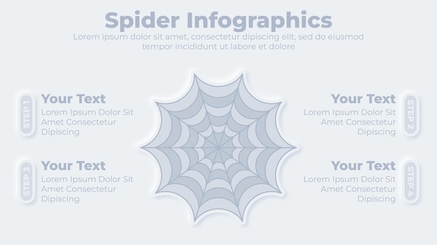 Vector neumorphic creative spider web infographic with 4 steps presentation slide