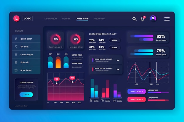 Neumorphic dashboard UI kit. Admin panel template with infographic elements, HUD diagram, info graphics. Website dashboard for UI and UX design web page. Neumorphism style.