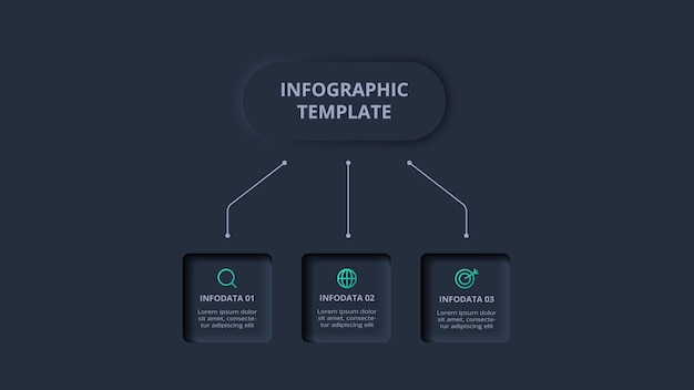 Neumorphic flowchart dark iinfographic Creative concept for infographic with 3 steps options parts or processes