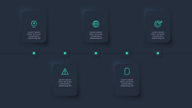 Neumorphic flowchart dark iinfographic Creative concept for infographic with 5 steps options parts or processes