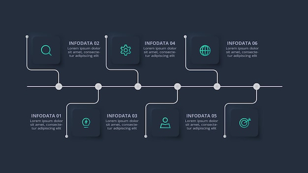 Neumorphic flowchart dark iinfographic Creative concept for infographic with 6 steps options parts or processes