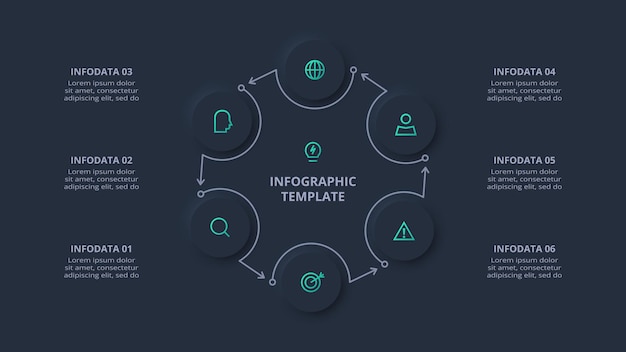 Neumorphic flowchart dark iinfographic Creative concept for infographic with 6 steps options parts or processes