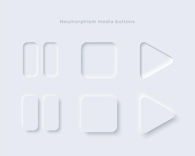 Neumorphic media buttons set. Minimal vector design elements for Ui.