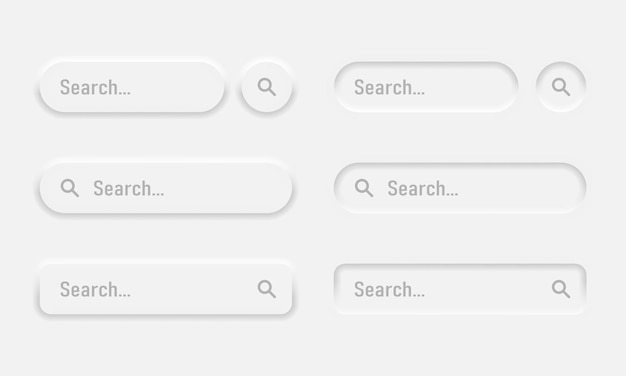 Neumorphic search bar set. Web elements for browsers, sites, mobile application and search button. Neumorphism design. Vector illustration EPS 10