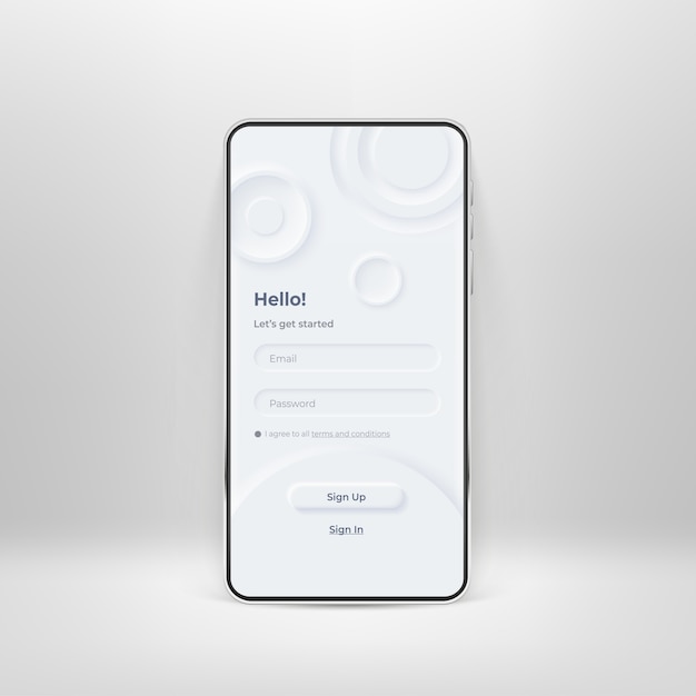 Vector neumorphic ui kit on smartphone screen. login and registration form on white smartphone template. input field for registration and sign in on the phone. mobile interface app. ui  template