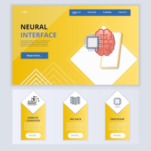 Neural interface flat landing page website template Robotic conveyor big data processor Web banner with header content and footer Vector illustration