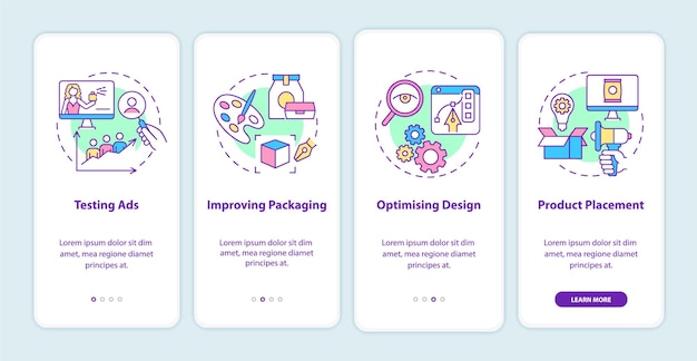 Neuromarketing usage onboarding mobile app page screen. Testing and optimising ads walkthrough 4 steps graphic instructions with concepts. UI, UX, GUI vector template with linear color illustrations