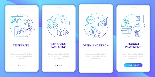 Neuroscience usage onboarding mobile app page screen. Optimizing product design walkthrough 4 steps graphic instructions with concepts. UI, UX, GUI vector template with linear color illustrations