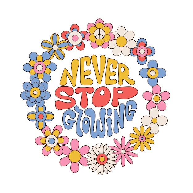 Never stop growing lettering quote retro illustration with text and cute flowers in style s s round