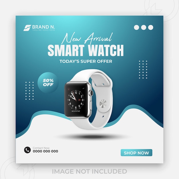 New arrivai smart watch and 2 color gradient clear background or digital branding business social media banner design template