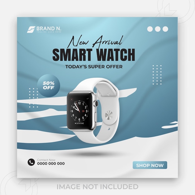 New arrivai smart watch and 2 color gradient clear background or digital branding business social media banner design template