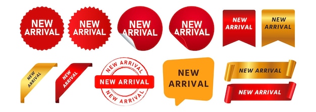 new arrival stamp speech bubble and ribbon label sticker sign for promotion product sale